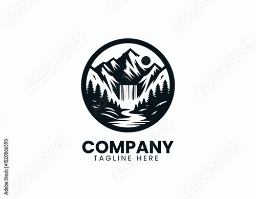 Majestic Mountain Landscape Flowing River Waterfall Scenic Vector Logo Design