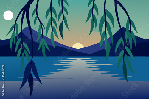Tropical island paradise with palm trees at night, surrounded by the blue ocean and summer sky