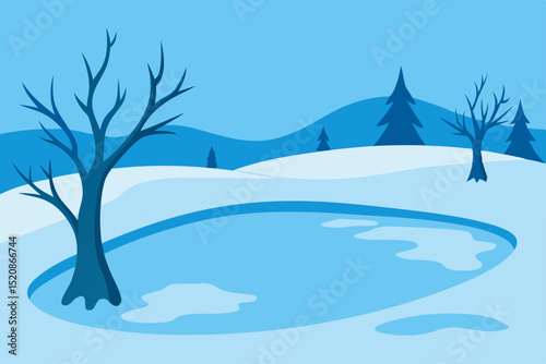 Winter snowy landscape with frost-covered trees in a cold forest scene
