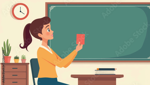 Smiling teacher receiving greeting card in classroom, appreciation moment