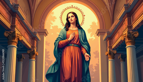 Serene Virgin Mary illustrated in grand frescoed setting, spiritual symbolism