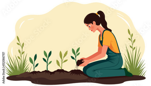 Woman planting seedlings in garden, nurturing growth and nature