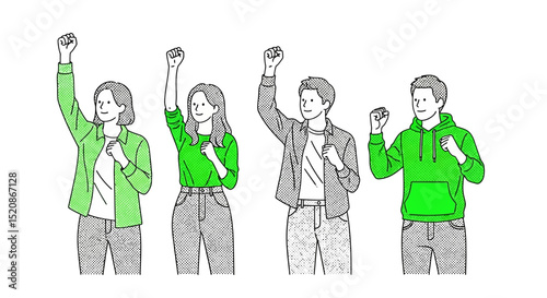 Empowered Group Illustration of Four People Raising Their Fists in Unity