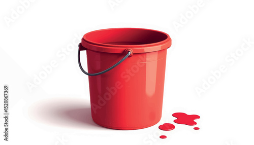 Vibrant red paint bucket spilling on white surface, creative inspiration