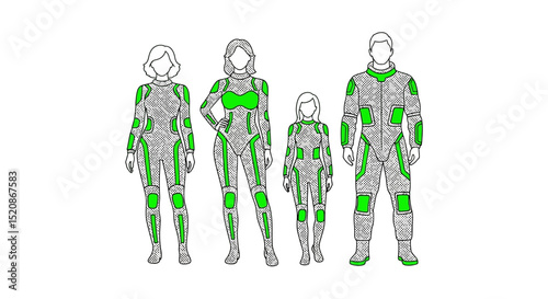 Futuristic Family in Protective Gear Illustration of a Family Wearing Advanced Protective Suits