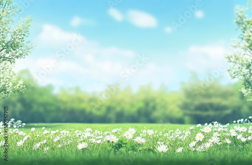 Beautiful spring meadow with green grass and daisies, blurred background of trees on the horizon, sunny day, blue sky, bokeh effect, banner design.