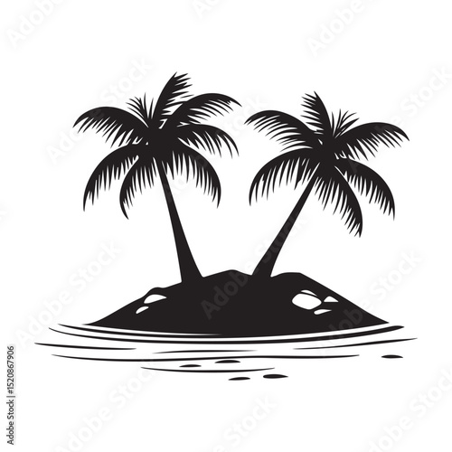 Black and white silhouette of a tropical island with two palm trees and sun over hills, Silhouette of a tropical island with palm trees at sunset