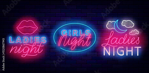 Ladies only neon badges collection. Girls night. Woman kissing lips and moon. Free enter for female. Vector stock illustration