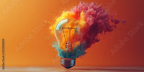Creative idea conceptualization lightbulb with explosive colors on warm orange background showcasing innovation imagination and inspiration symbolizing bright ideas