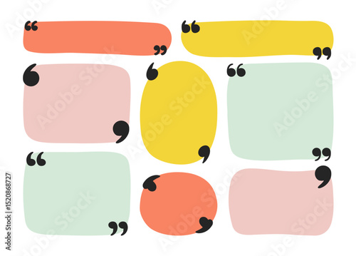 Colorful hand drawn quote text boxes. Vector speech bubbles with quotation marks for feedback, testimonials, messages, social media posts. Creative cartoon style frames for inspirational quotes and