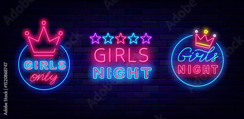 Girls night only neon emblems collection. Ladies party. Glowing labels. Free enter for female. Vector stock illustration