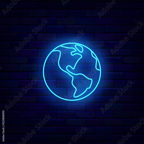 Planet Earth neon icon. North and South America. Globe geography. Western Hemisphere. Vector stock illustration.