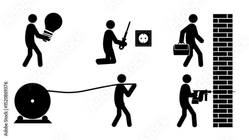Set of stick figures, electrical work and installation, flat vector illustration.