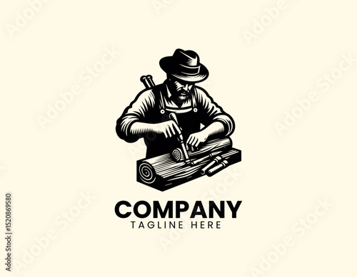 Skilled Wood Carver Dedicatedly Crafting Wood with Traditional Tools Vector Logo Design