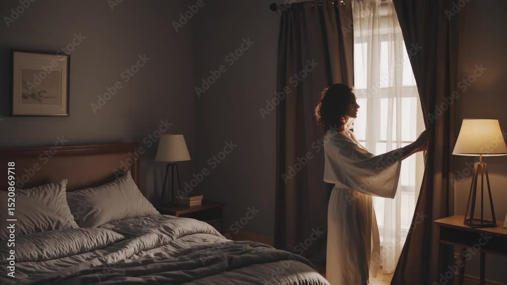 Woman wearing bathrobe gently opening curtains, letting morning light fill peaceful bedroom while gazing thoughtfully out window and experiencing calm start of day