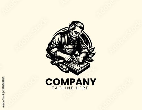 Skilled Wood Carver Dedicatedly Crafting Wood with Traditional Tools Vector Logo Design