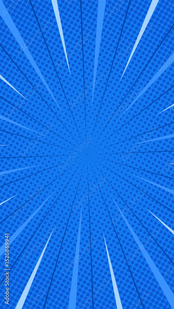Fototapeta premium Bright blue halftone comic vertical background with fast lines around. Vector illustration. Suitable for comics, prints, posters, etc.
