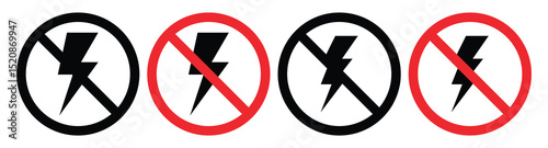 No Electricity and Lightning Bolt Icons – Vector Set of Power Outage, Warning, and Thunderbolt Signs.