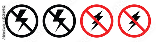 No Electricity and Lightning Bolt Icons – Vector Set of Power Outage, Warning, and Thunderbolt Signs.