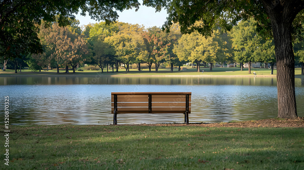 Obraz premium Empty Park Bench By Calm Lake With Autumn Trees