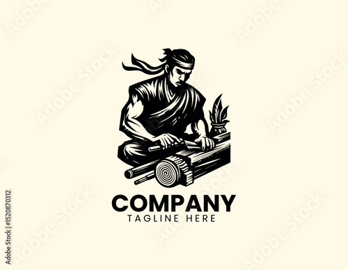 Skilled Wood Carver Dedicatedly Crafting Wood with Traditional Tools Vector Logo Design