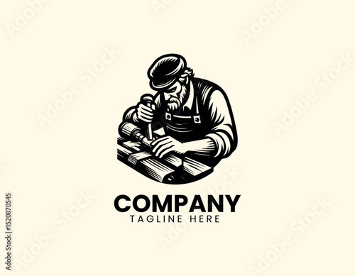Skilled Wood Carver Dedicatedly Crafting Wood with Traditional Tools Vector Logo Design