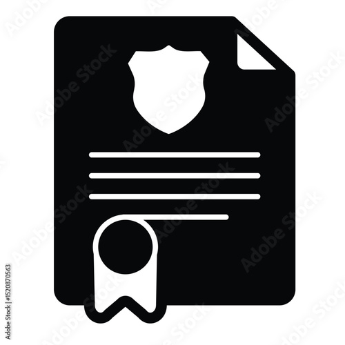 Arrest order document solid icon, law enforcement concept. Vector graphics. Paper with police emblem and seal ribbon sign on white background, style mobile or design.
