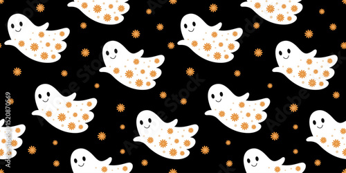 Retro Halloween seamless pattern. Groovy ghost pattern. Adorable Halloween hand drawn vector pattern in flat style