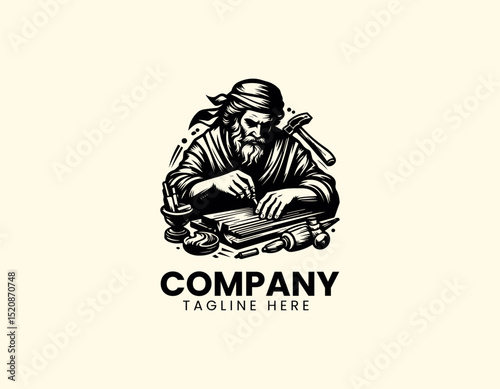 Skilled Wood Carver Dedicatedly Crafting Wood with Traditional Tools Vector Logo Design