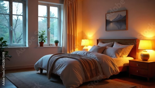Serene bedroom scene featuring soft, warm ambient lighting perfect for unwinding and relaxation Dim lights create a cozy and peaceful atmosphere, ideal for bedtime or a quiet evening , shade, night