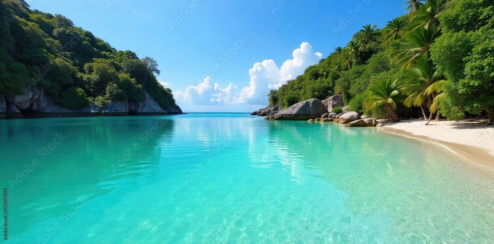 Fototapeta premium Serene coastal lagoon, turquoise water reflecting a clear sky, surrounded by lush vegetation and sandy shores Perfect for travel, nature, and relaxation themes , outdoors, blue