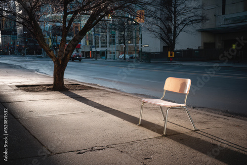 serene evening walk on deserted street featuring solitary bench as focal point