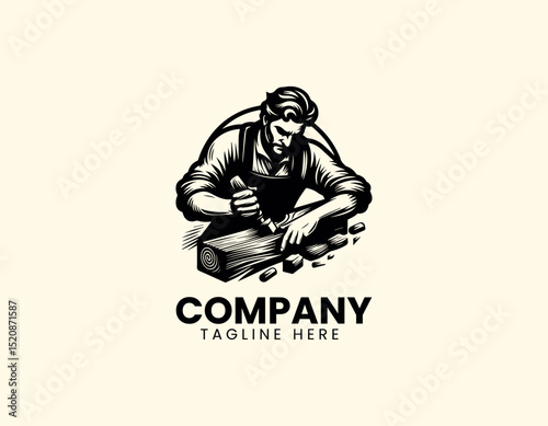 Skilled Wood Carver Dedicatedly Crafting Wood with Traditional Tools Vector Logo Design