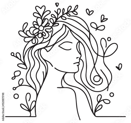 Minimalist Line Art Drawing of Woman with Flowers and Leaves in Hair Nature Beauty Outline