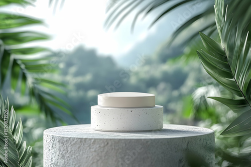 Blank product display podium with natural background.