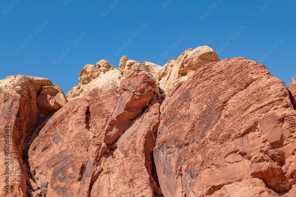 Obraz premium Desert varnish, red Aztec Sandstone outcrops. Rainbow Vista Trail, Valley of Fire State Park, Clark County, Nevada geology. Weathering joints