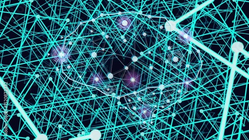A digital brain forms and pulses within a rotating, interconnected network of glowing cyan lines and nodes, symbolizing neural activity.