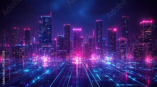 Futuristic cityscape with glowing neon lights illuminating the skyline and intricate grid patterns below
