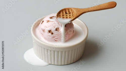 a delectable scoop of strawberry ice cream melts gracefully in a white bowl, with a wooden spoon