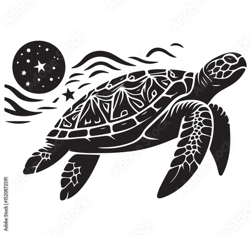 Black and White Sea Turtle Vector Art Decorative Patterned Shell Starry Sky Ocean Waves