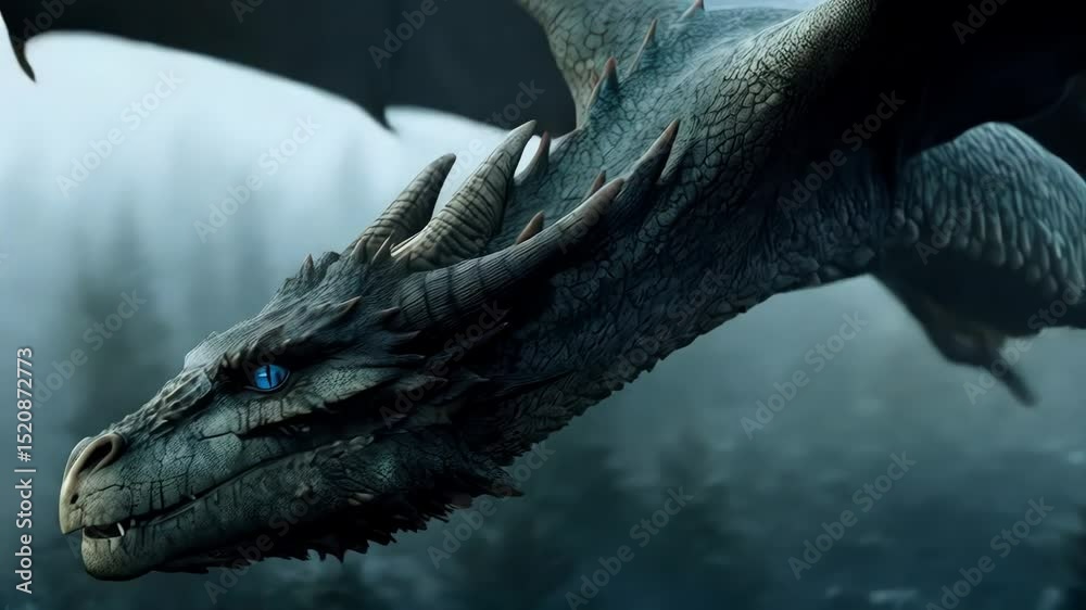 Close-up of a majestic dragon with detailed scales, sharp horns, and piercing blue eyes, flying over a misty, dense forest in a fantasy setting.