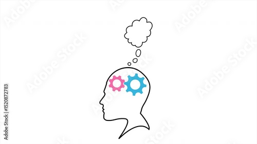 The rotation of gears inside a man's head. Animation of a person's thought process, the process of processing and analyzing information 