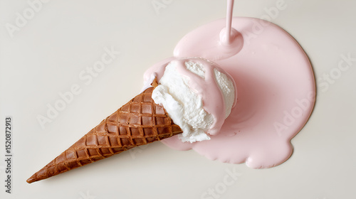 A Melting Ice Cream Cone with Pink Sauce Drizzling