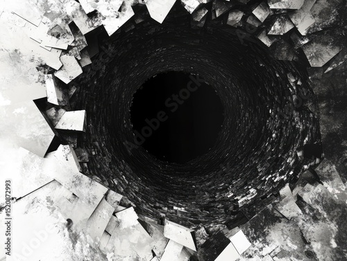 Black and white, abstract background with black hole or wormhole made of squares, triangles or cubes. Dark geometric tunnel with many shapes in the center.