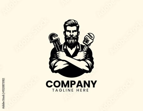 Skilled Professional Bearded Plumber Cross-Armed Wrench Holding Vector Logo Design