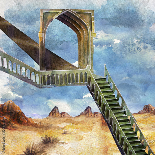 Heavenly arch and stairway to heaven. A structure in the middle of the desert. Watercolor painting, handmade.