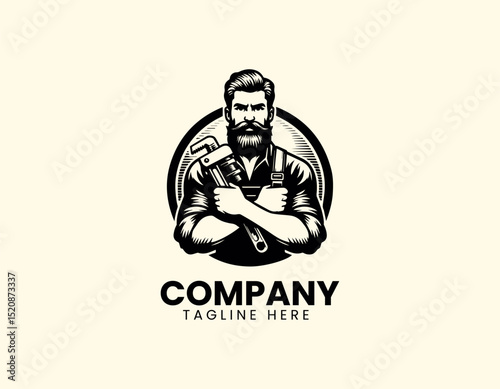 Skilled Professional Bearded Plumber Cross-Armed Wrench Holding Vector Logo Design