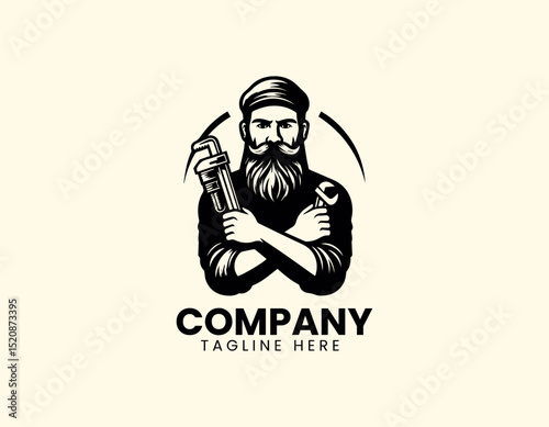 Skilled Professional Bearded Plumber Cross-Armed Wrench Holding Vector Logo Design