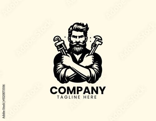 Skilled Professional Bearded Plumber Cross-Armed Wrench Holding Vector Logo Design