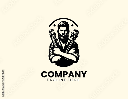 Skilled Professional Bearded Plumber Cross-Armed Wrench Holding Vector Logo Design